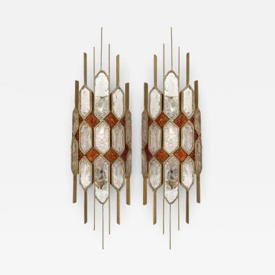  Longobard Large Pair of Hammered Glass Gilt Wrought Iron Sconces by Longobard Italy 1970s