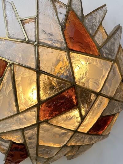  Longobard Large Pair of Hammered Glass Gilt Wrought Iron Sconces by Longobard Italy 1970s