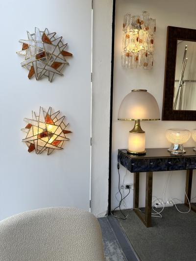  Longobard Large Pair of Hammered Glass Gilt Wrought Iron Sconces by Longobard Italy 1970s