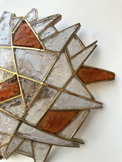  Longobard Large Pair of Hammered Glass Gilt Wrought Iron Sconces by Longobard Italy 1970s