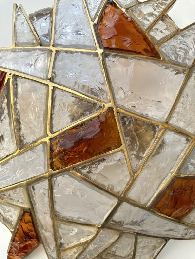  Longobard Large Pair of Hammered Glass Gilt Wrought Iron Sconces by Longobard Italy 1970s