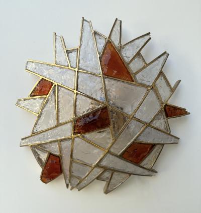  Longobard Large Pair of Hammered Glass Gilt Wrought Iron Sconces by Longobard Italy 1970s