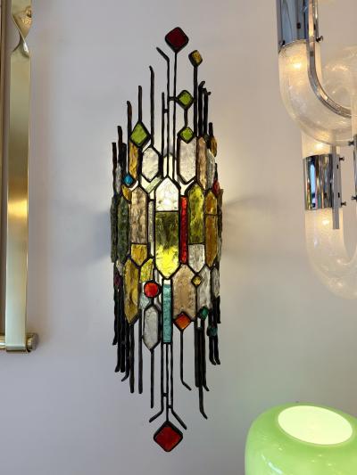  Longobard Large Pair of Hammered Glass Wrought Iron Sconces by Longobard Italy 1970s