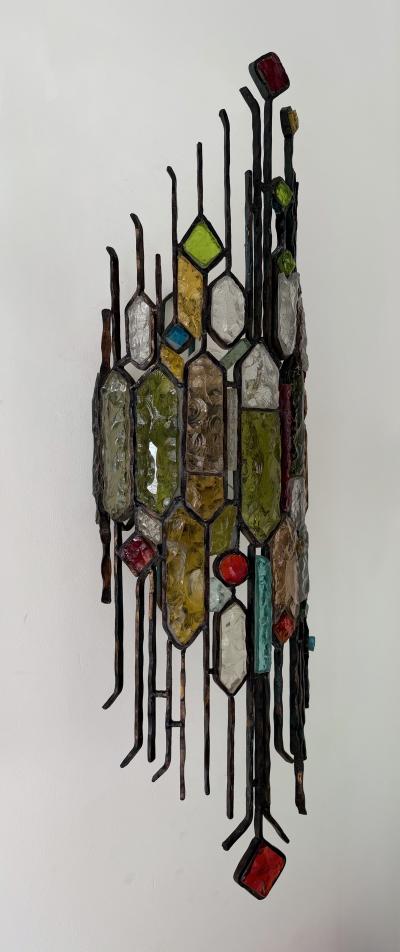  Longobard Large Pair of Hammered Glass Wrought Iron Sconces by Longobard Italy 1970s