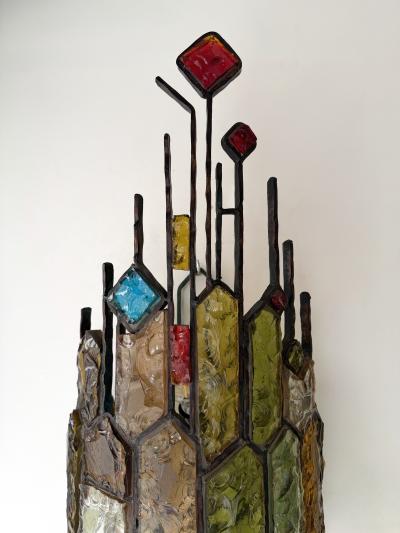  Longobard Large Pair of Hammered Glass Wrought Iron Sconces by Longobard Italy 1970s