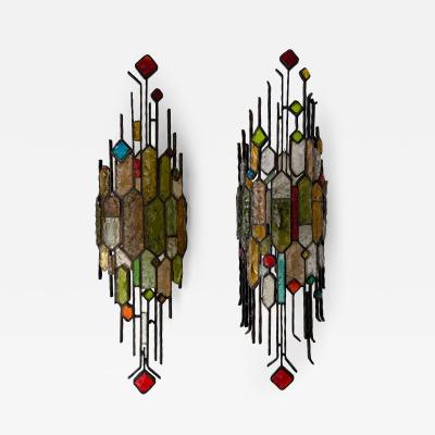  Longobard Large Pair of Hammered Glass Wrought Iron Sconces by Longobard Italy 1970s