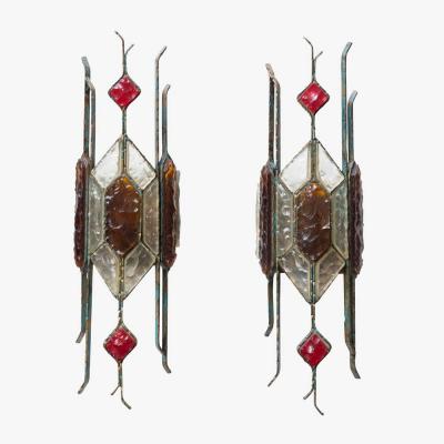  Longobard PAIR OF HAMMERED GLASS ON WROUGHT WALL LIGHTS BY LONGOBARD