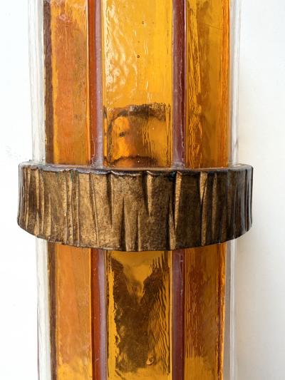  Longobard Pair of Amber Glass Hammered Wrought Iron Sconces by Longobard Italy 1970s
