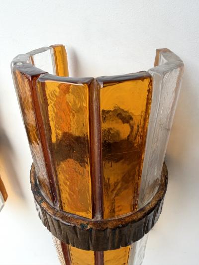  Longobard Pair of Amber Glass Hammered Wrought Iron Sconces by Longobard Italy 1970s