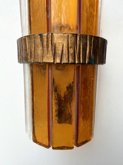  Longobard Pair of Amber Glass Hammered Wrought Iron Sconces by Longobard Italy 1970s