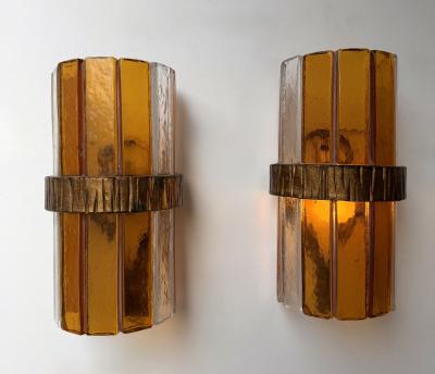  Longobard Pair of Amber Glass Hammered Wrought Iron Sconces by Longobard Italy 1970s
