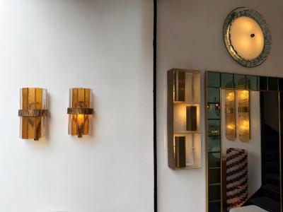  Longobard Pair of Amber Glass Hammered Wrought Iron Sconces by Longobard Italy 1970s