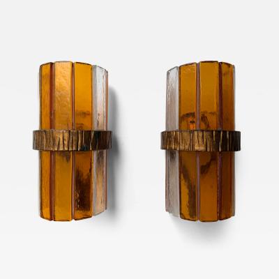  Longobard Pair of Amber Glass Hammered Wrought Iron Sconces by Longobard Italy 1970s
