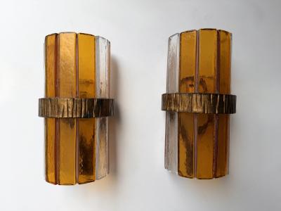  Longobard Pair of Amber Glass Hammered Wrought Iron Sconces by Longobard Italy 1970s