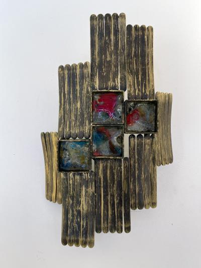  Longobard Pair of Brutalist Gilt Metal and Glass Sconces Italy 1970s