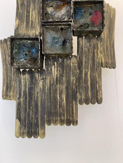  Longobard Pair of Brutalist Gilt Metal and Glass Sconces Italy 1970s