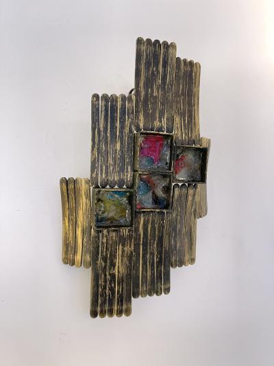  Longobard Pair of Brutalist Gilt Metal and Glass Sconces Italy 1970s