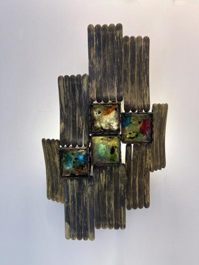  Longobard Pair of Brutalist Gilt Metal and Glass Sconces Italy 1970s