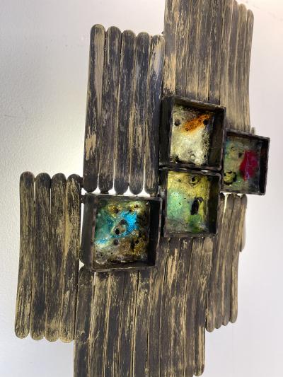  Longobard Pair of Brutalist Gilt Metal and Glass Sconces Italy 1970s