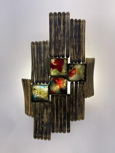  Longobard Pair of Brutalist Gilt Metal and Glass Sconces Italy 1970s