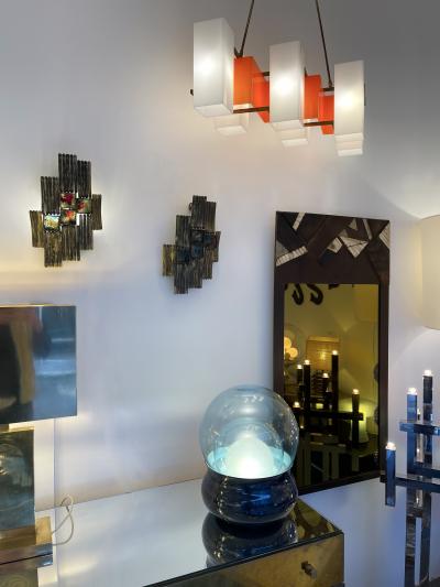  Longobard Pair of Brutalist Gilt Metal and Glass Sconces Italy 1970s