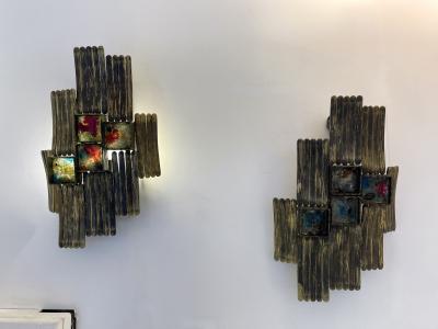  Longobard Pair of Brutalist Gilt Metal and Glass Sconces Italy 1970s