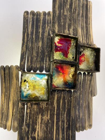  Longobard Pair of Brutalist Gilt Metal and Glass Sconces Italy 1970s