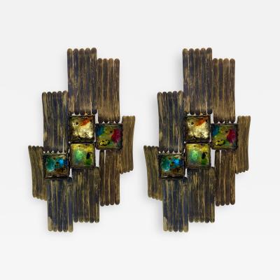  Longobard Pair of Brutalist Gilt Metal and Glass Sconces Italy 1970s