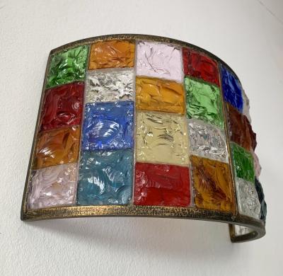  Longobard Pair of Glass and Gilt Iron Checkerboard Sconces by Longobard Italy 1970s