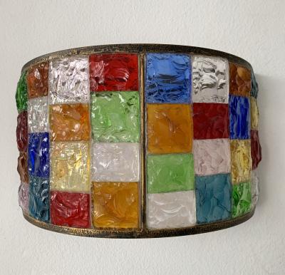  Longobard Pair of Glass and Gilt Iron Checkerboard Sconces by Longobard Italy 1970s