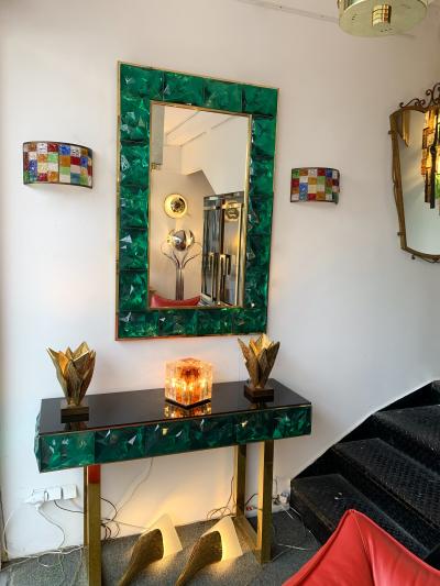  Longobard Pair of Glass and Gilt Iron Checkerboard Sconces by Longobard Italy 1970s