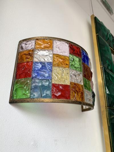  Longobard Pair of Glass and Gilt Iron Checkerboard Sconces by Longobard Italy 1970s