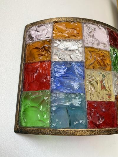  Longobard Pair of Glass and Gilt Iron Checkerboard Sconces by Longobard Italy 1970s