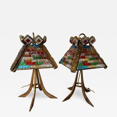  Longobard Pair of Hammered Glass Gilt Wrought Iron Lamps by Longobard Italy 1970s