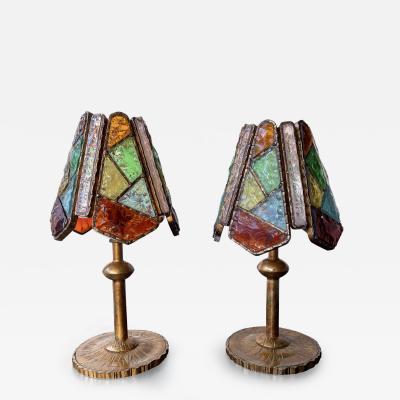  Longobard Pair of Hammered Glass Wrought Iron Lamps by Longobard Italy 1970s
