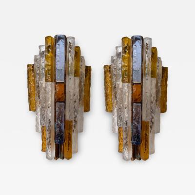  Longobard Pair of Hammered Glass Wrought Iron Sconces by Longobard Italy 1970s