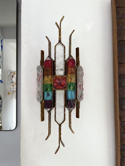  Longobard Pair of Hammered Glass Wrought Iron Sconces by Longobard Italy 1970s