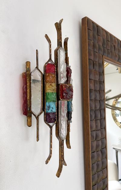  Longobard Pair of Hammered Glass Wrought Iron Sconces by Longobard Italy 1970s