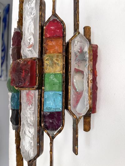  Longobard Pair of Hammered Glass Wrought Iron Sconces by Longobard Italy 1970s