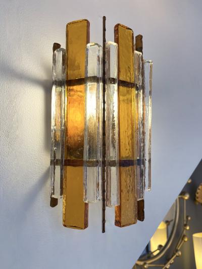  Longobard Pair of Hammered Glass Wrought Iron Sconces by Longobard Italy 1970s