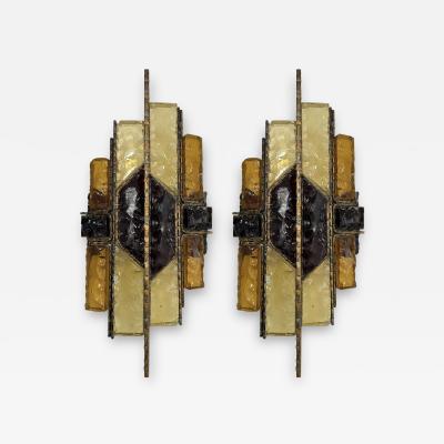  Longobard Pair of Hammered Glass Wrought Iron Sconces by Longobard Italy 1970s