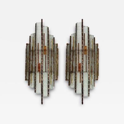  Longobard Pair of Hammered Glass Wrought Iron Sconces by Longobard Italy 1970s