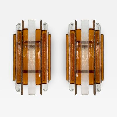  Longobard Pair of Hammered Glass Wrought Iron Sconces by Longobard Italy 1970s