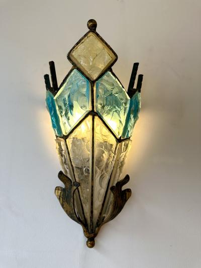  Longobard Pair of Hammered Glass Wrought Iron Sconces by Longobard Italy 1970s