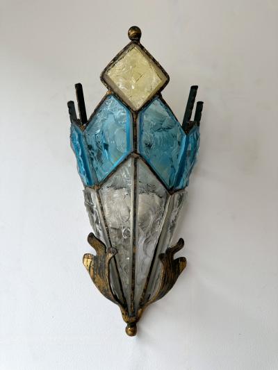  Longobard Pair of Hammered Glass Wrought Iron Sconces by Longobard Italy 1970s