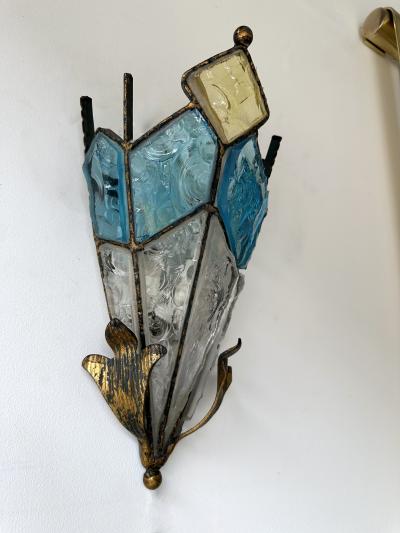  Longobard Pair of Hammered Glass Wrought Iron Sconces by Longobard Italy 1970s