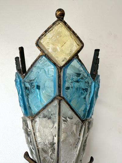  Longobard Pair of Hammered Glass Wrought Iron Sconces by Longobard Italy 1970s