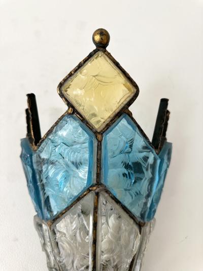  Longobard Pair of Hammered Glass Wrought Iron Sconces by Longobard Italy 1970s