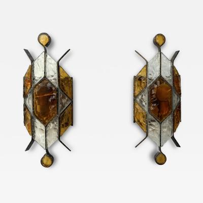  Longobard Pair of Hammered Glass Wrought Iron Sconces by Longobard Italy 1970s