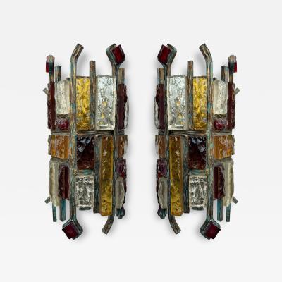  Longobard Pair of Hammered Glass Wrought Iron Sconces by Longobard Italy 1970s